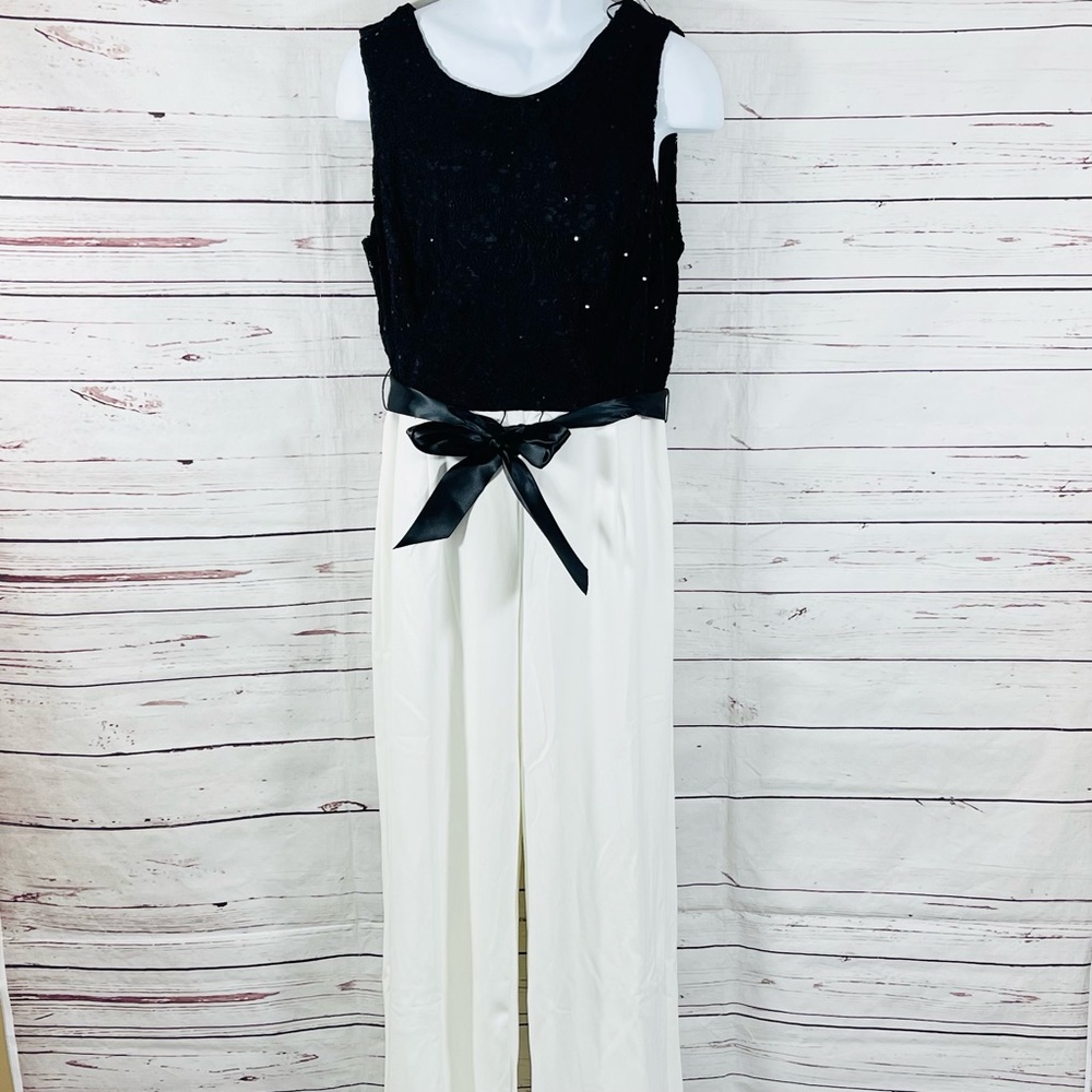Tahari ASL Jumpsuit Womens Size 16 Sleeveless Lace Top Glitter Bow Black /White